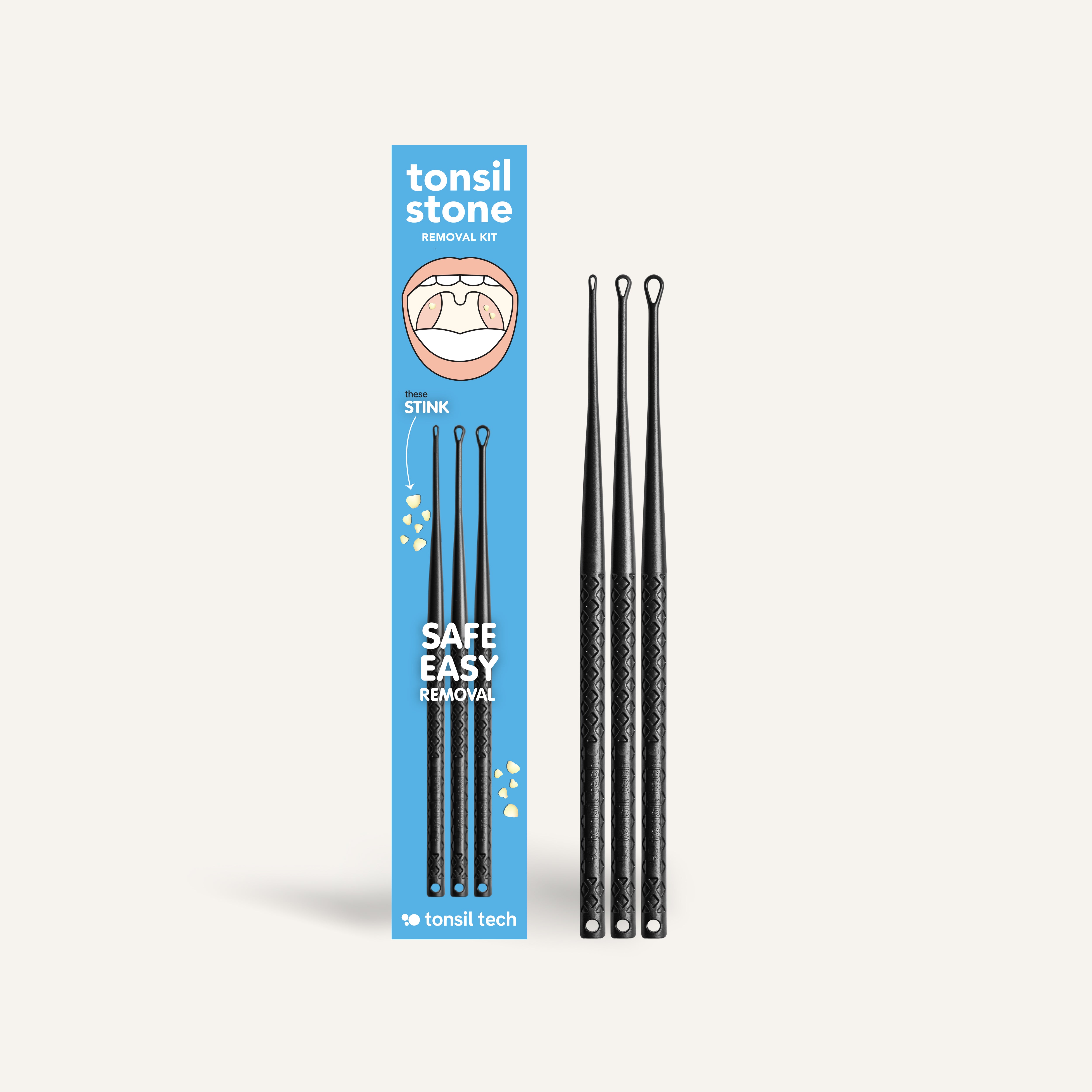 Tonsil Tech Tonsil Stone Removal Kit &mdash; product box with three tools in varying sizes: small, medium, large.